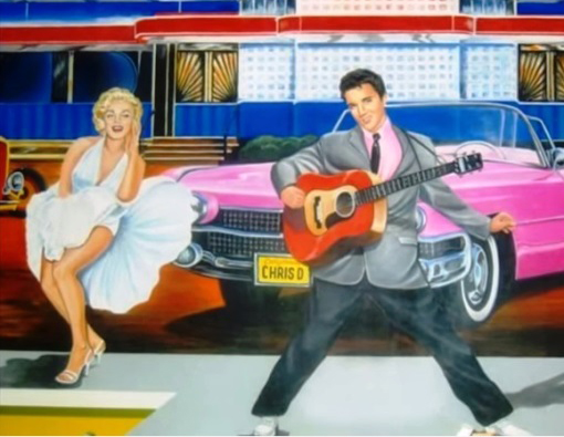 Elvis and Marilyn with a Pink Caddy