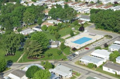 Aerial view of clubhouse and pool